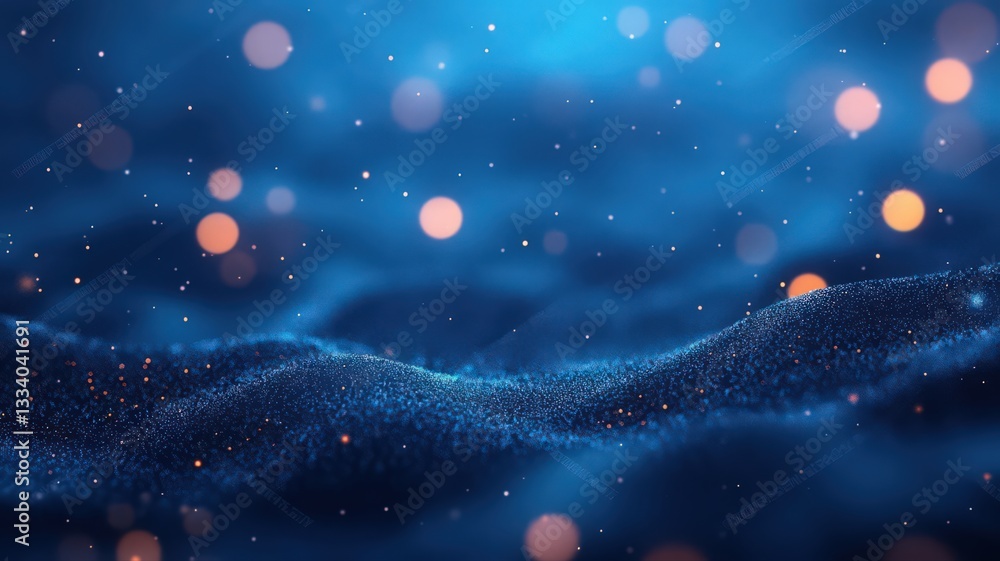 Poster abstract blue particle background with glowing bokeh lights and wave texture