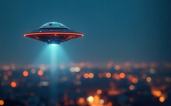 Unidentified flying object hovering over night city skyline. Sci-fi, futuristic, mystery themes, background with copy space