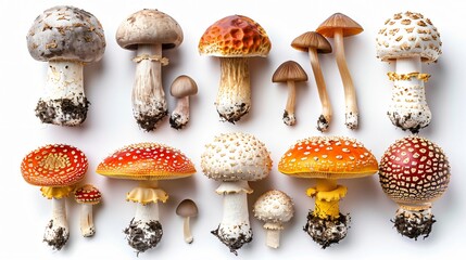 Various wild forest mushrooms on white background
