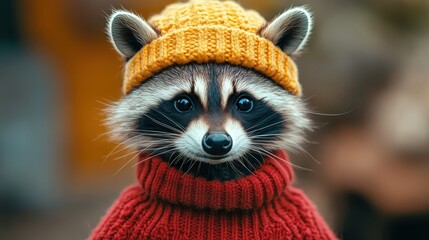 Obraz premium Charming raccoon rocks a cozy red sweater and yellow hat! A delightful, close-up portrait with a soft, blurred background