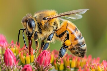 Importance of Biodiversity: Bee Pollinating a Vibrant Flower in Close-up Shot