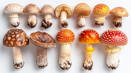 Various wild forest mushrooms on white background