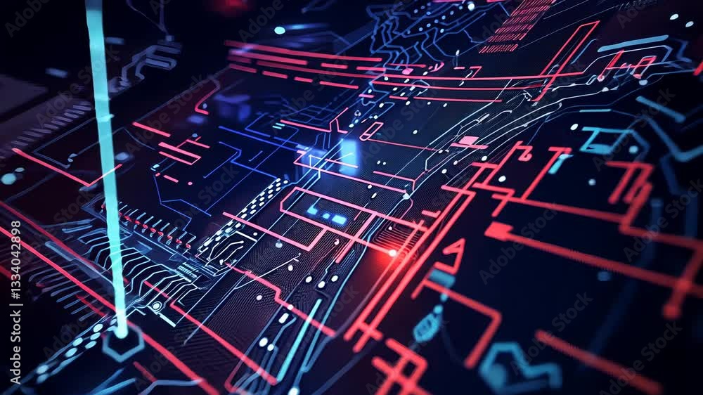 Poster abstract circuit board design with glowing lines. complex network of interconnected pathways. high-t