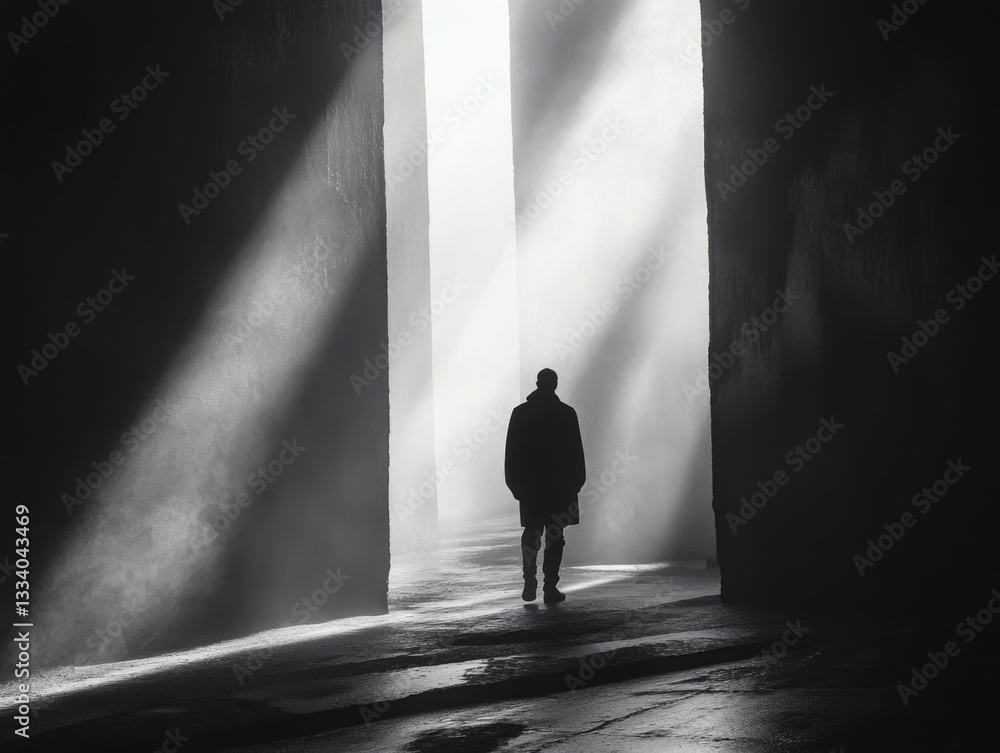 Poster a person standing in a dark room with light coming through the windows