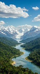 Generative AI River Flows Through Jungle Mountains river jungle mountains snow glacier forest aerial view landscape blue sky clouds tranquility adventure wilderness nature peace