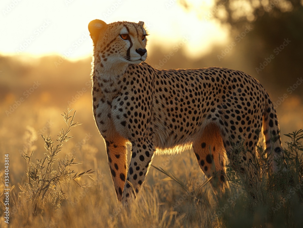 Poster a cheetah stands in a field of tall grass, its fur blending with the surroundings
