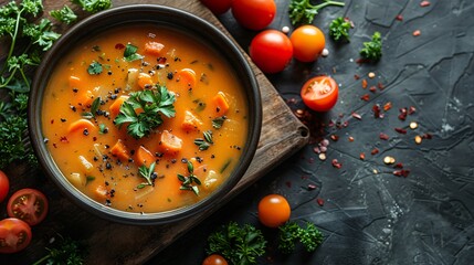 Vegetable soup and raw vegetables. Vegetable sauce