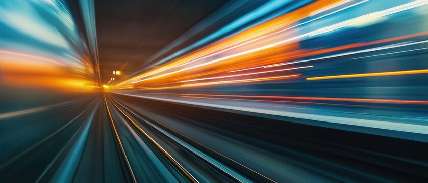 A blurred image of a train moving through a dark tunnel, great for representing journey or travel concepts