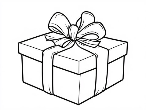 A line drawing illustration of a square gift box. The box is wrapped with a ribbon tied in a bow on top. The style is simple and clean.
