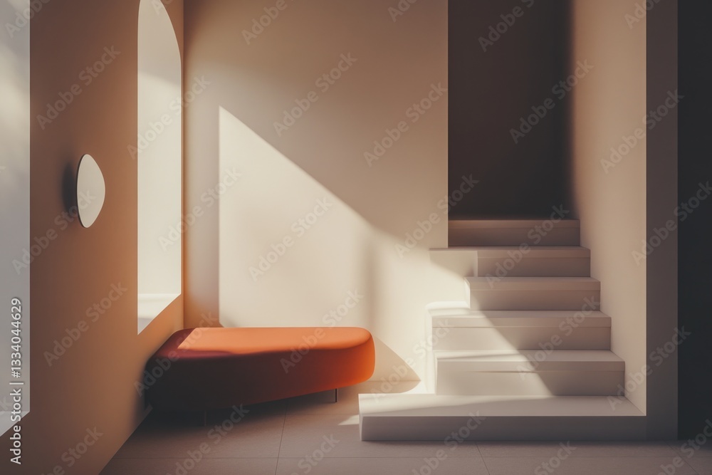 Poster a red bench sits next to a staircase in a hallway, offering a cozy spot for rest or contemplation