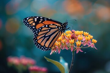 Obraz premium Close-up of a Monarch Butterfly Perched on a Lush Flower in a Vibrant Garden