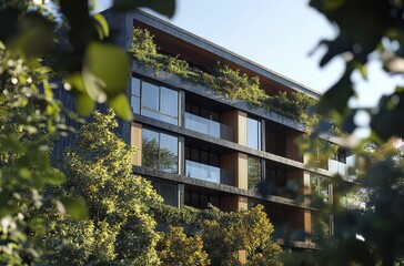 Obraz premium Modern architectural design of residential building surrounded by lush greenery showcasing contemporary urban living with nature integration