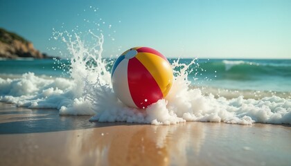 Obraz premium Brightly colored beach ball partially submerged in a wave with summer fun against sandy beach