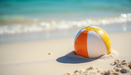 Obraz premium Brightly colored beach ball on sand with summer leisure against tranquil turquoise ocean