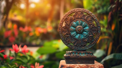 Decorative Detailed Metal Sculpture with Floral Design in Garden