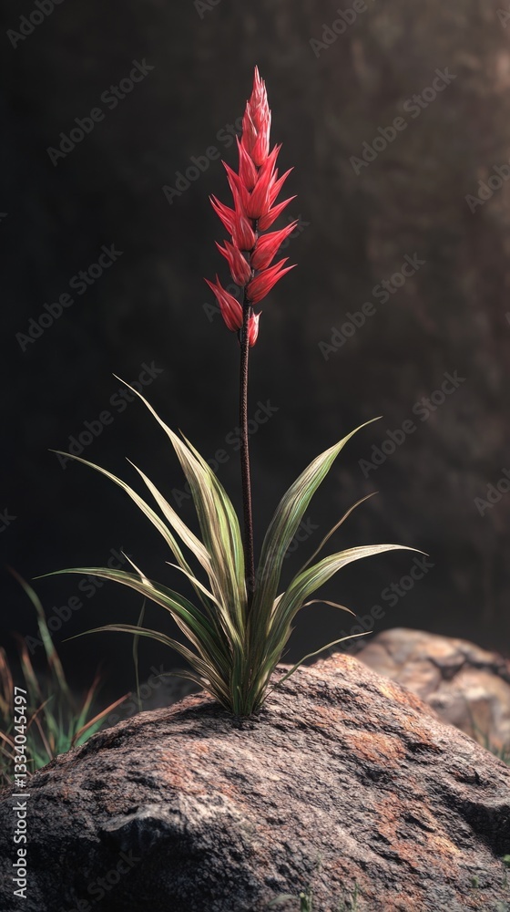 Poster a small red flower grows from the cracks of a rocky surface, symbolizing resilience and beauty in un