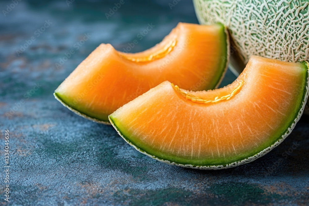 Poster a close-up shot of a sliced melon on a table, ready to be served or eaten