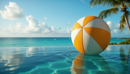 Vibrant beach ball submerged in pool near ocean with tropical paradise under partly cloudy sky