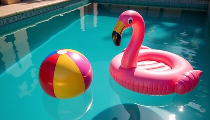 Vibrant beach ball and pink flamingo with summer fun floating in sparkling blue swimming pool