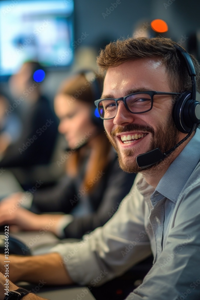 Poster A person smiling while working on their laptop with a headset on, suitable for scenes about remote work or online communication