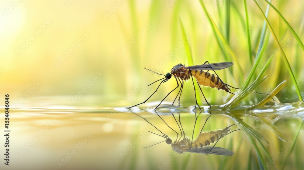 Poster Close-Up View of Mosquito Resting on Surface of Calm Water with Soft Focus on Green Grass Background
