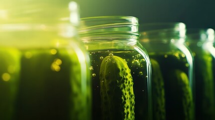 Rustic glass jars with vibrant pickles and glowing probiotic brine