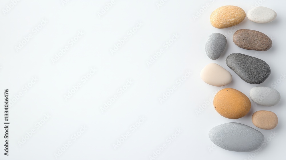 Poster a serene arrangement of smooth pebbles in various colors, creating a calming visual effect against a