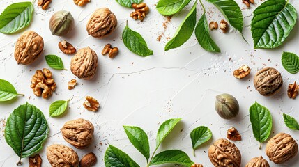 Walnuts and leaves on white background