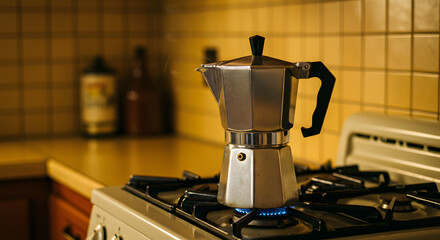 Italian coffee maker near a window that lets in light