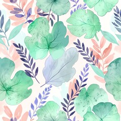 Watercolor Botanical Seamless Pattern: Tranquil Mint Green and Pastel Leaves