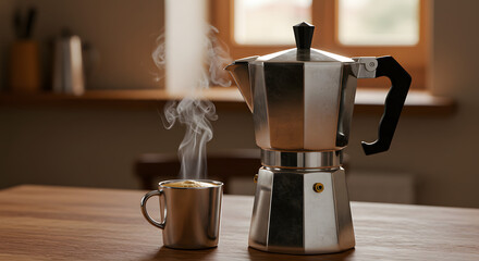 Italian coffee maker near a window that lets in light