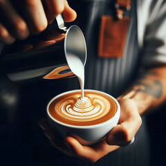 A steaming cup of coffee with a beautiful floral latte art design, perfect for a relaxing break.