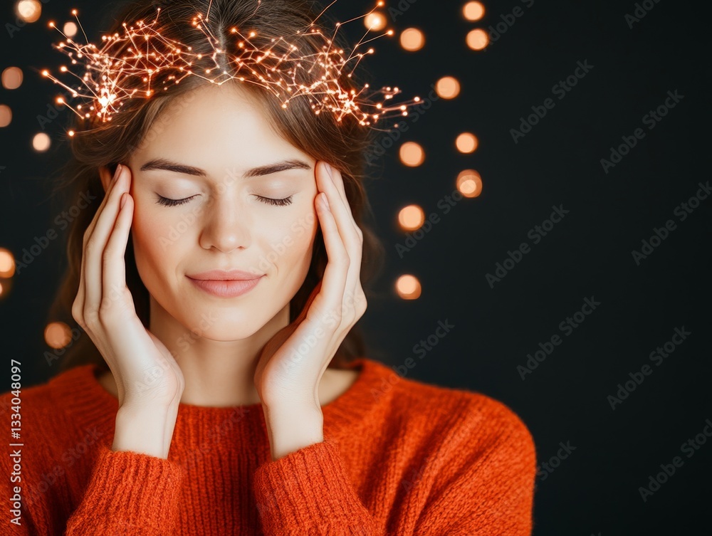 Poster young woman with glowing brain patterns formed by abstract digital lights representing the fusion of