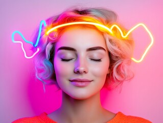 Naklejka premium Portrait of a young woman with glowing neural lines and abstract light patterns around her head symbolizing the intersection of artificial intelligence and human cognition