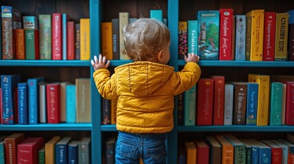 Toddler exploring colorful bookshelf indoors