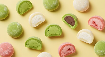 Delicious assortment of colorful mochi ice cream flavors food pink sweet snack treat green brown