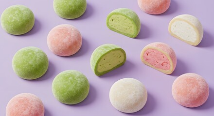 Delicious mochi ice cream assortment colorful sweet treats food pink cute snack green white tasty