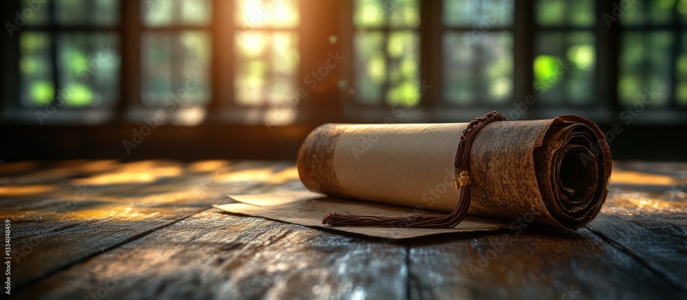 Poster ancient scroll on rustic wooden table near window.