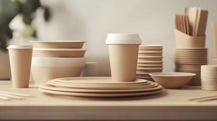 Ecofriendly disposable tableware set brown cups plates bowls cafe food kraft paper beige