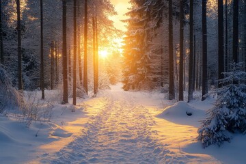 Golden Hour in a Snowy Forest