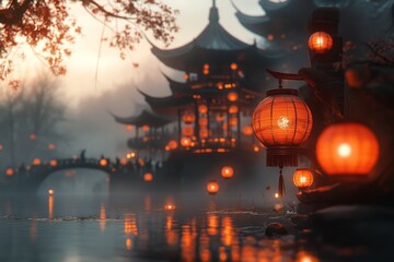 Obraz premium A dreamy watercolor scene of a group of people releasing lanterns into the night sky, their warm glow reflecting in a calm lake below, representing hope and unity