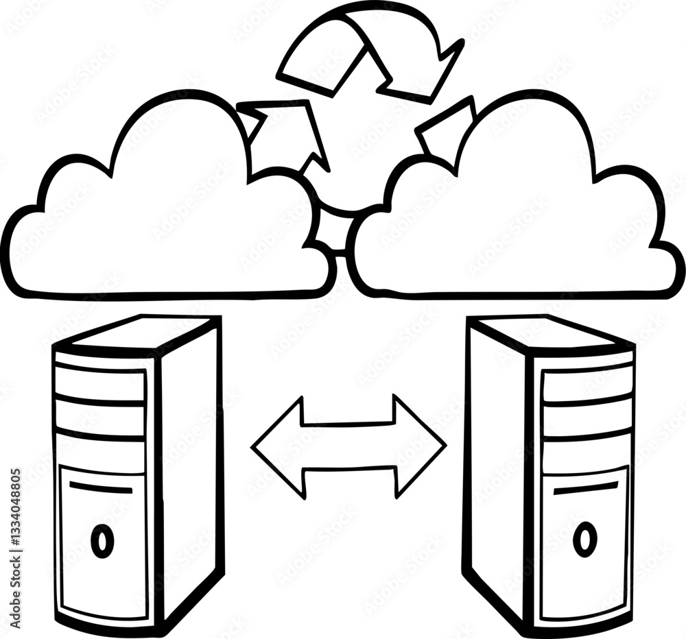 Poster cloud computing concept with servers connected by arrows and cloud symbols.