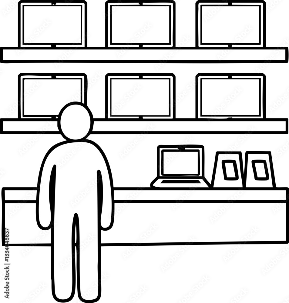 Poster A person examines laptops in a tech store with multiple displays.