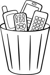 Illustration of old mobile phones discarded in a trash bin.