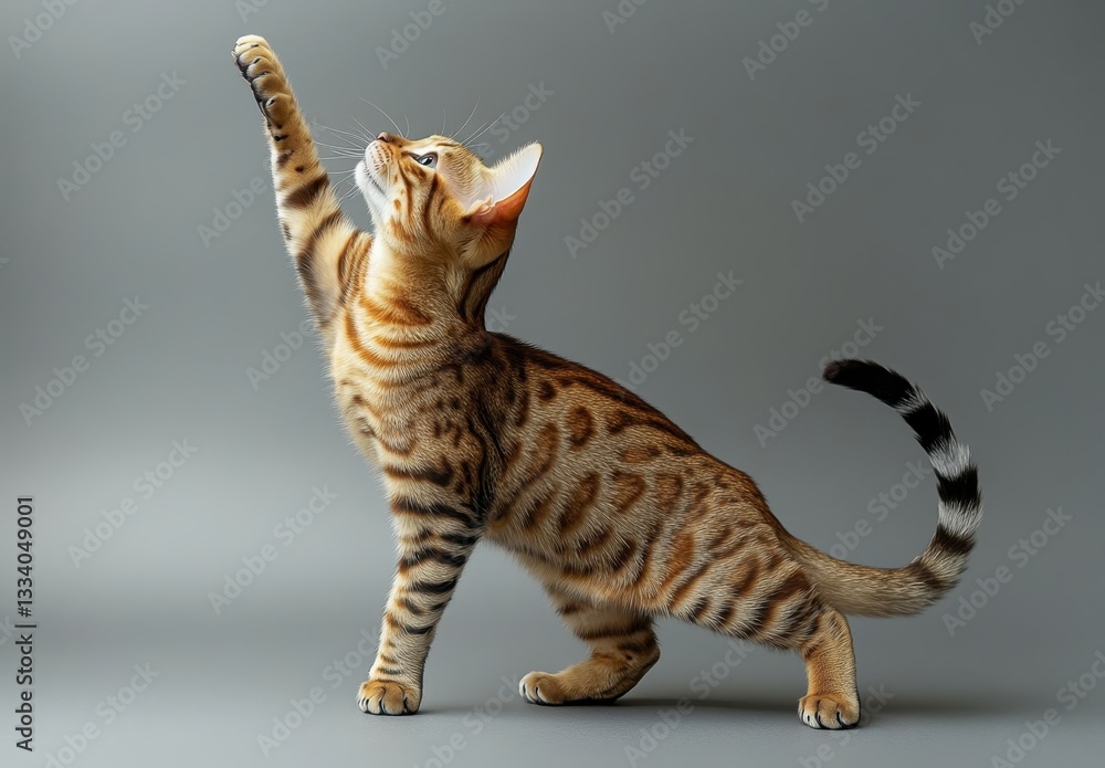 Poster playful bengal cat reaching upward in dynamic pose on gray background, showcasing beautiful fur patt