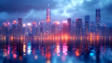 Fototapeta premium Cityscape at Night with Reflections in Rainy Weather. Generative AI