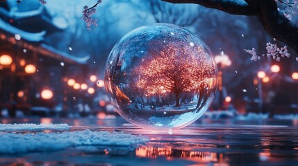 Winter scene with illuminated tree captured inside a glass sphere resting on icy surface