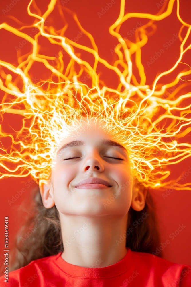 Poster woman in a casual setting surrounded by glowing neural lights symbolizing innovation and brain power