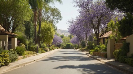 Fototapeta premium Suburban street, jacaranda trees, spring bloom, hills, residential