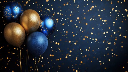 Festive balloons and golden confetti create a celebratory atmosphere, perfect for birthdays, new year's eve, or any special occasion. Ai generated